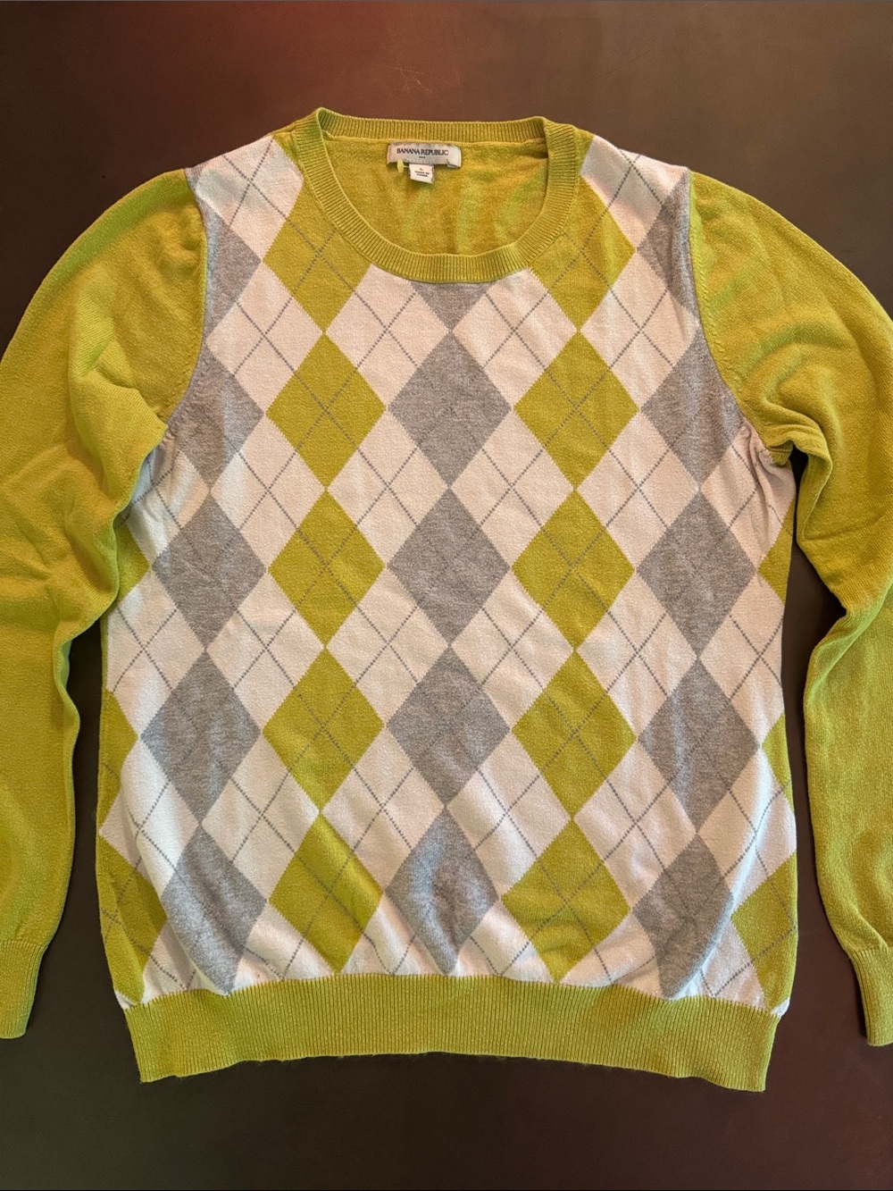 Banana Republic Lime Green, White & Gray Argyle Crewneck
